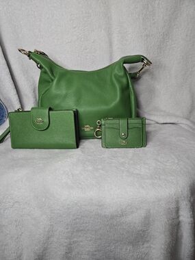 Coach Green Pebbled Leather Shoulder Bag with Matching Wallet & Card Case